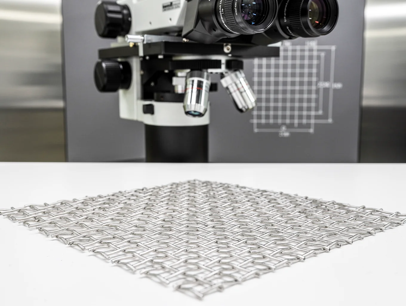 Optical comparator inspection measuring wire mesh aperture and wire diameter