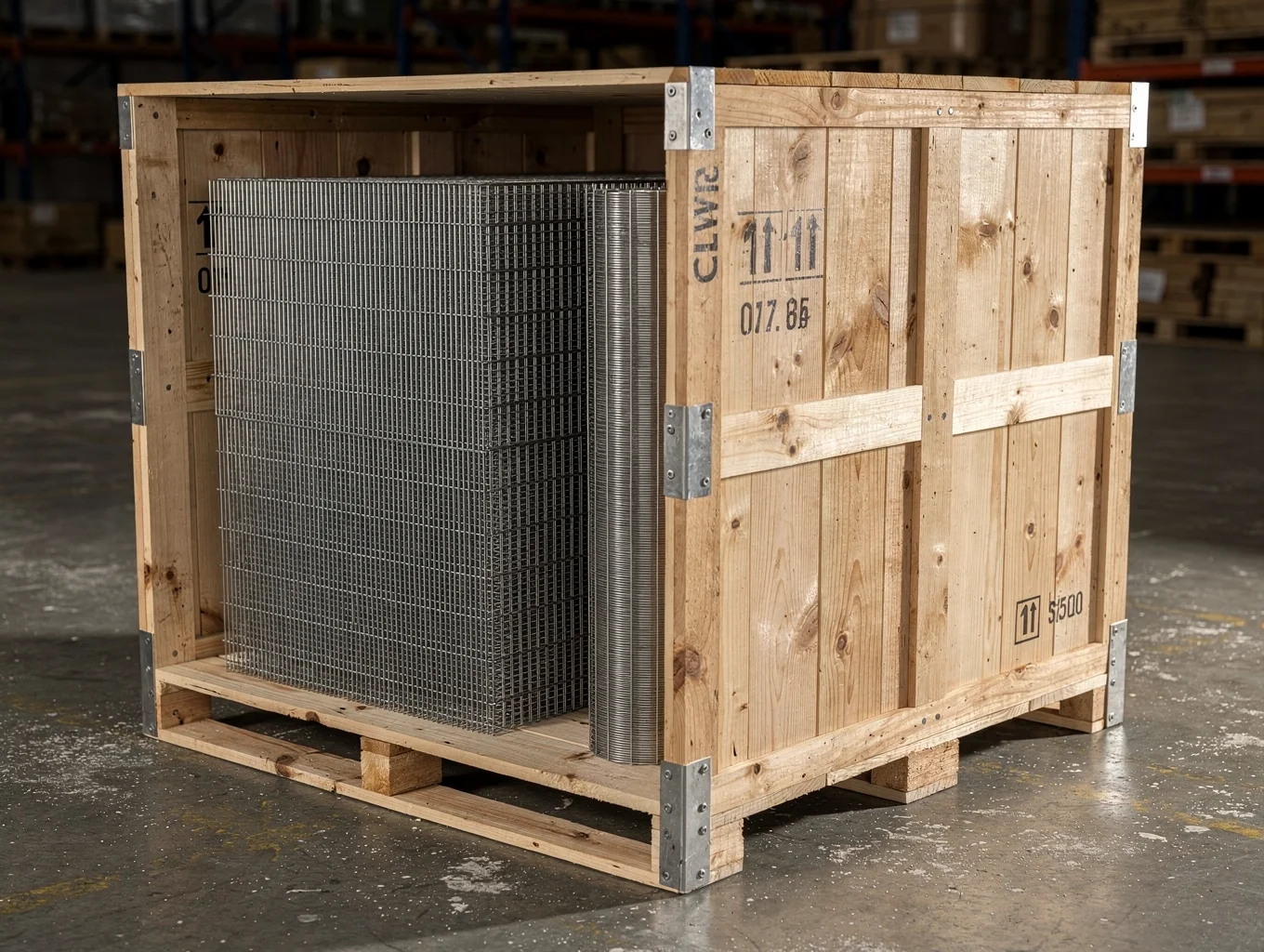 Reinforced wooden crating for stainless steel wire mesh filtration products